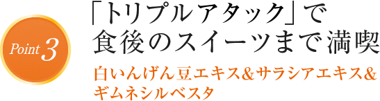 Point3 「トリプルアタック」で食後のスイーツまで満喫 白いんげん豆エキス＆サラシアエキス＆ギムネシルベスタ