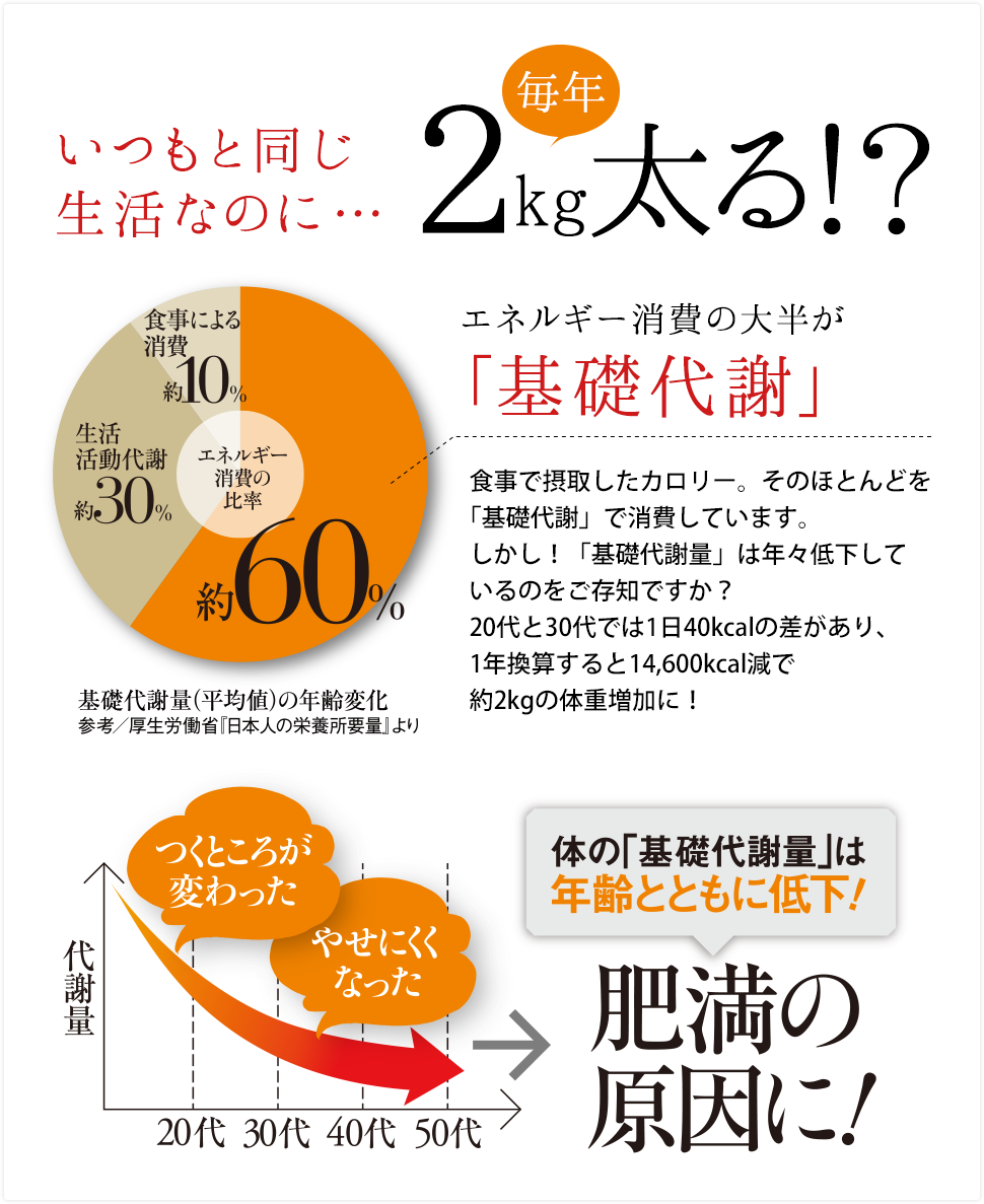 いつもと同じ生活なのに・・・毎年2kg太る！？エネルギー消費の大半が「基礎代謝」食事で摂取したカロリー。そのほとんどを「基礎代謝」で消費しています。しかし！「基礎代謝量」は年々低下しているのをご存知ですか？20代と30代では1日40kcalの差があり、1年換算すると14,600kcal減で約2kgの体重増加に！