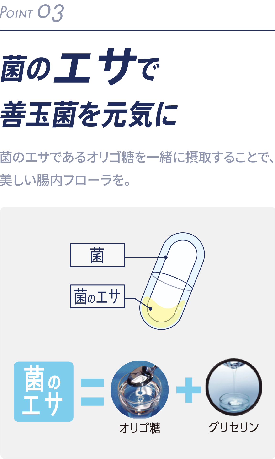 菌のエサで善玉菌を元気に 菌のエサであるオリゴ糖を一緒に摂取することで、美しい腸内フローラを。